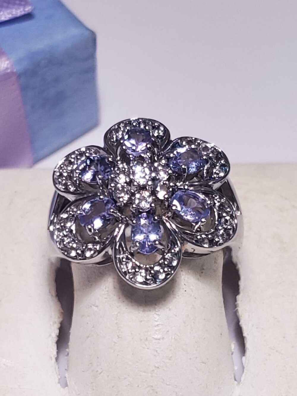 Estate 1.55ctw Natural Tanzanite &Topaz Flower Top Sterling Silver 925 Ring24358